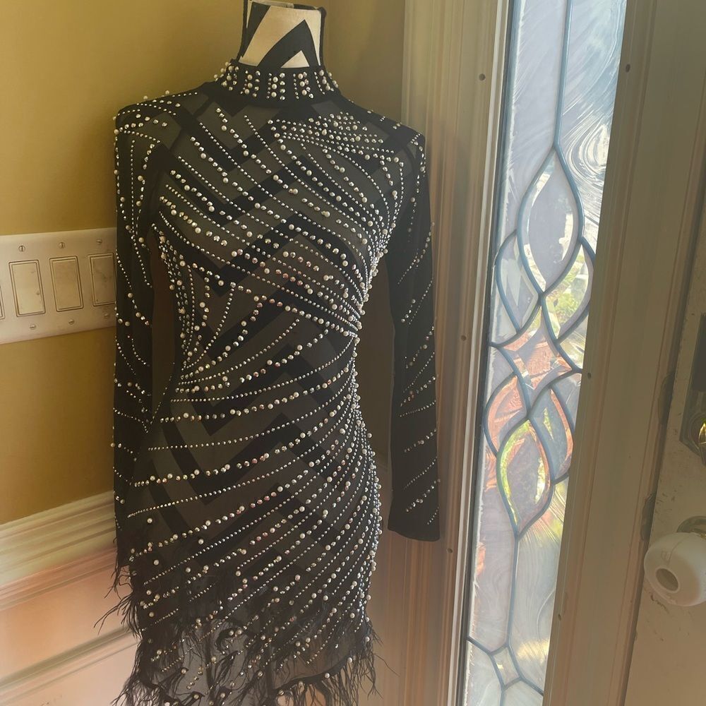 Unbranded Luxury Rhinestones & Pearls Feather Mini Dress Feather Accents Size S View 3